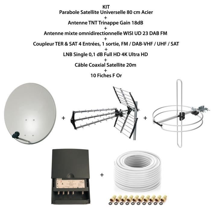 Kit Parabole SAT 80cm+Antenne TNT+Antenne Omni DAB FM+Coupleur 4 Entrées FM DAB-VHF UHF SAT+LNB Single+Câble Coax 20m+10 Fiches F Or