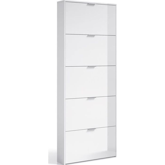 Commode à chaussures en bois de 5 abattants coloris blanc brillant - Dim : L 180 x H 70 x P 17cm Commode à chaussures en bois de 5 abattants coloris blanc brillant - Dim : L 180 x H 70 x P 17cm