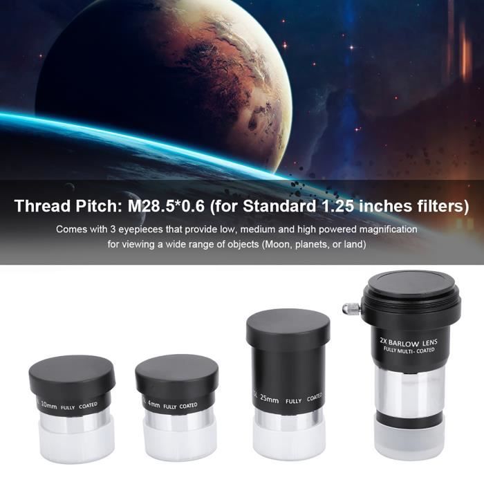 Ensemble d'oculaires de télescope Plossl QQMORA - 4/10/25 mm - Kit de lentilles Barlow 2X