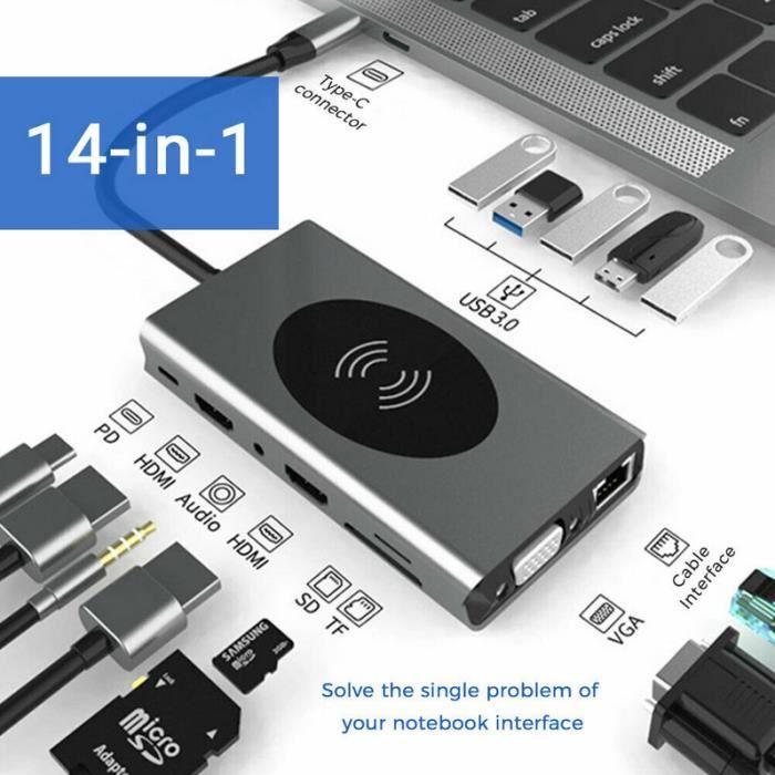 Qumox Hub USB Type-C avec chargeur sans fil, adaptateur 14 en 1 USB C avec Ethernet, 2 HDMI, VGA, 5 USB3.0 ,PD, lecteur de carte SD