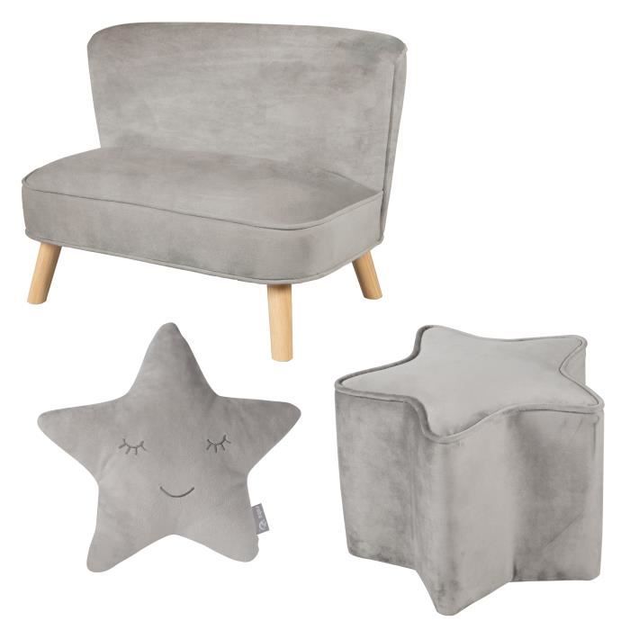 ROBA Canapé et Pouf Enfant Lil Sofa + Coussin Décoratif Étoile - Ensemble en Velours - Gris Argenté