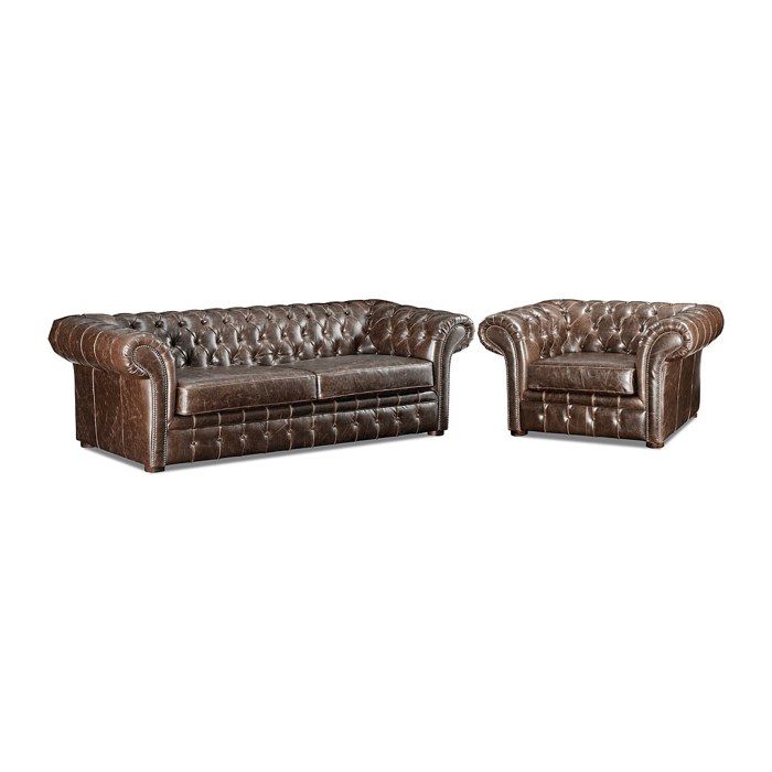 Canapé 3 places et un fauteuil 100% cuir vieilli chesterfield CLOTAIRE