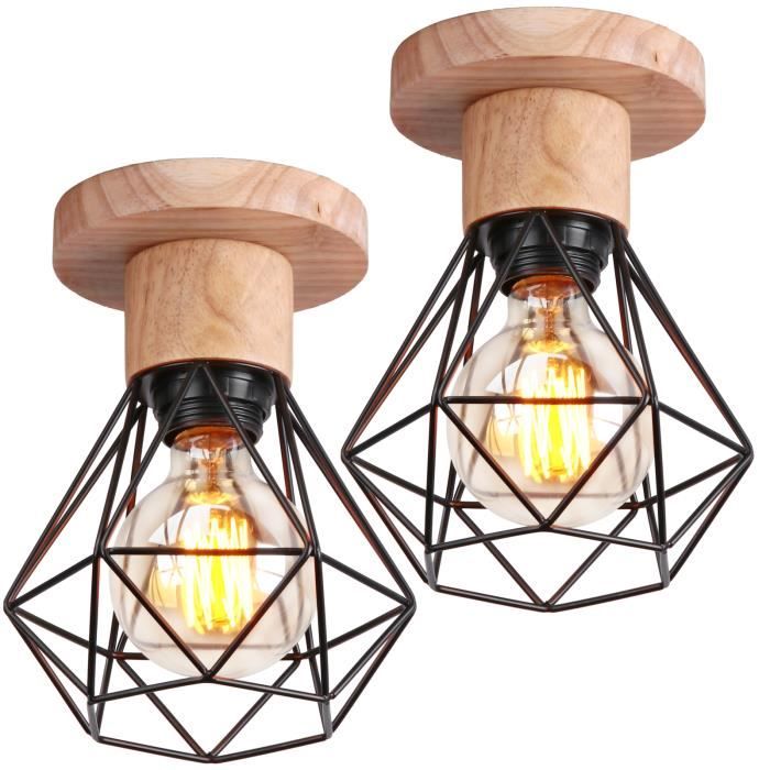 UNI Rétro Plafonnier Vintage Industrielle Cage Forme Diamant Lustre Suspension pour Salon Entrée Cuisine Noir 2PCS