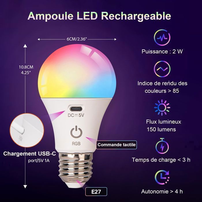 Ampoule LED E27 Rechargeable Avec Télécommande - RGB 12 Couleurs Dimmable, 800Lm, Batterie 2200mAh, Veilleuse Sans Fil Magnétique