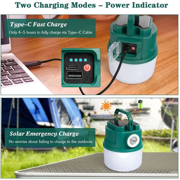 Lot 2 Lampes De Camping LED Solaires - Crochet Intégré, 3 Modes (haut/moyen/bas) - Recharge USB - Étanche, Légère - Pour Randonnée, Bivouac, Urgence