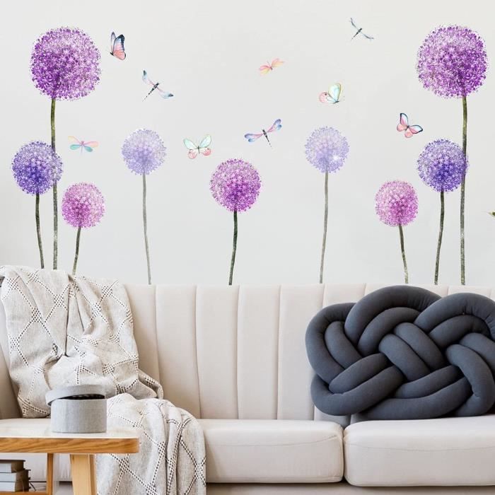 Wandsticker4u- stickers muraux fleurs de pissenlit violet (110x62 cm) i  papillon plantes nature i autocollant sticker mural p[194] - Cdiscount  Maison