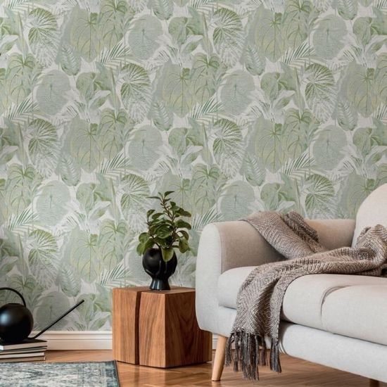 Papier peint gris feuilles de palmier