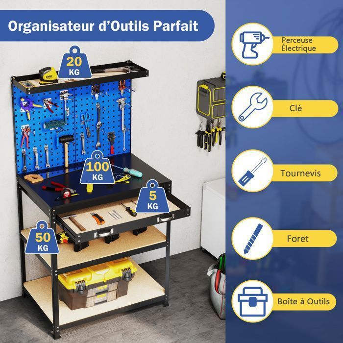 Établi De Travail MONSTERSHOP – Noir, Métal, Tiroirs, Panneau Perforé Et LED Intégré Pour Bricoler Bien éclairé