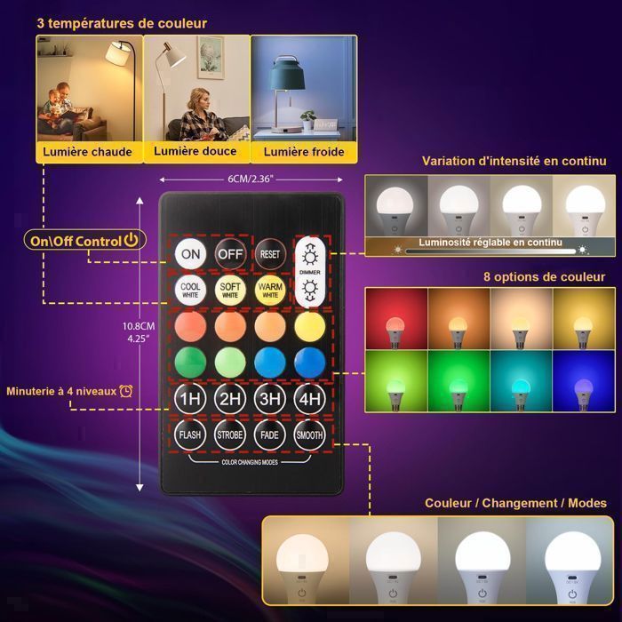 Ampoule Rechargeable USB Avec Télécommande, LED 7 W, Intensité Variable