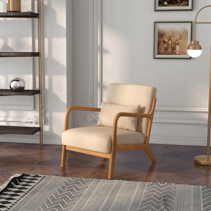HOMCOM Fauteuil Design Minimaliste Structure Bois, 2 Coussins Amovibles Recouvert De Tissu Effet Lin, Accoudoirs, Beige