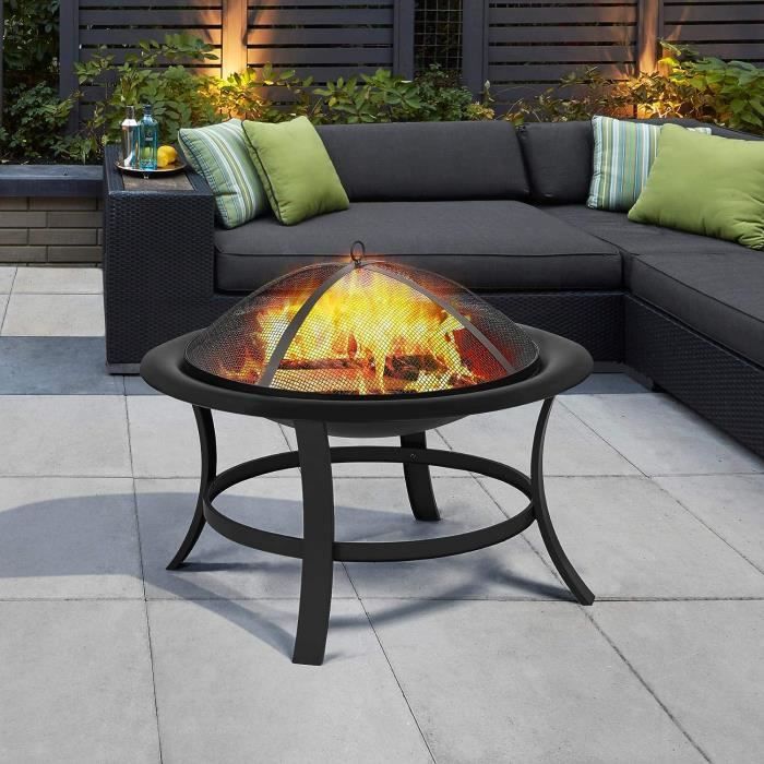 Brasero Jardin Fer Noir 54x54x50cm - Avec Gril, Couvercle Et Poker - Pour Terrasse, Camping