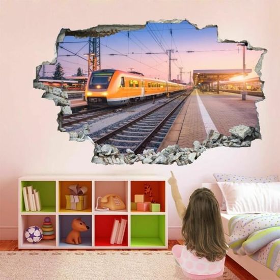 Stickers Muraux 3D Smashed Murals Train Amovible Imperméable Stickers De  Sol Art Coucher De Soleil Paysage Pour Chambre Sal[x1966]