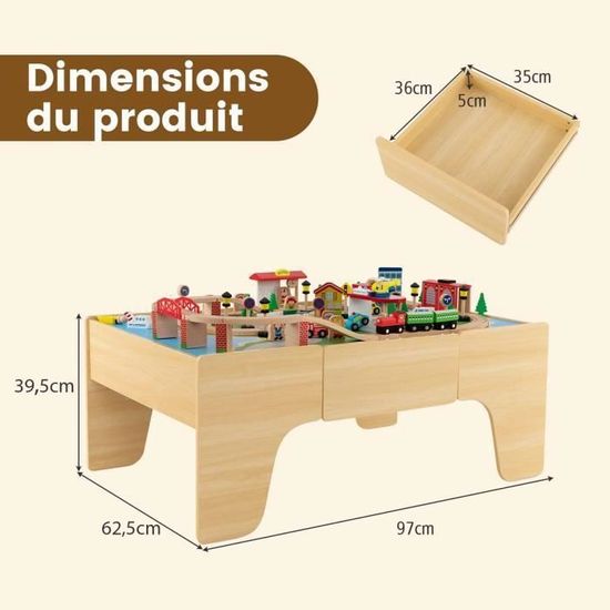 COSTWAY 94Pcs Table Circuit De Train En Bois 2 En 1 Avec Plateaux Réversibles Et Tiroirs - Pour Enfants 3+ Ans Jouet éducatif Enfants 3 Ans Plateau Réversible