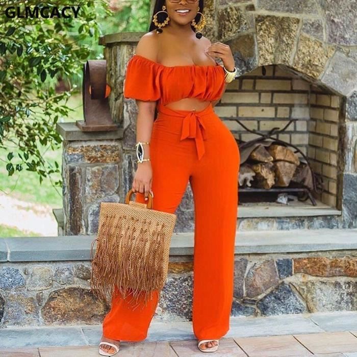Combinaison Combinaison pour femme epaules denudees coupe a jambe large longues combinaisons de plage Chic pour Type Orange Blanc Cdiscount Pret a Porter