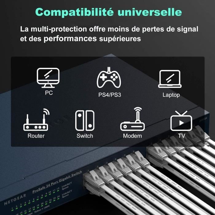 Câble Ethernet Cat6 Plat 20m RJ45 Haut Débit - Réseau Gigabit Internet