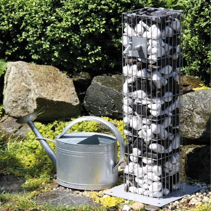 Colonne Gabion Avec Robinet Bellissa - 16x16x90cm - Fontaine Jardin Décorative - Métal Galvanisé