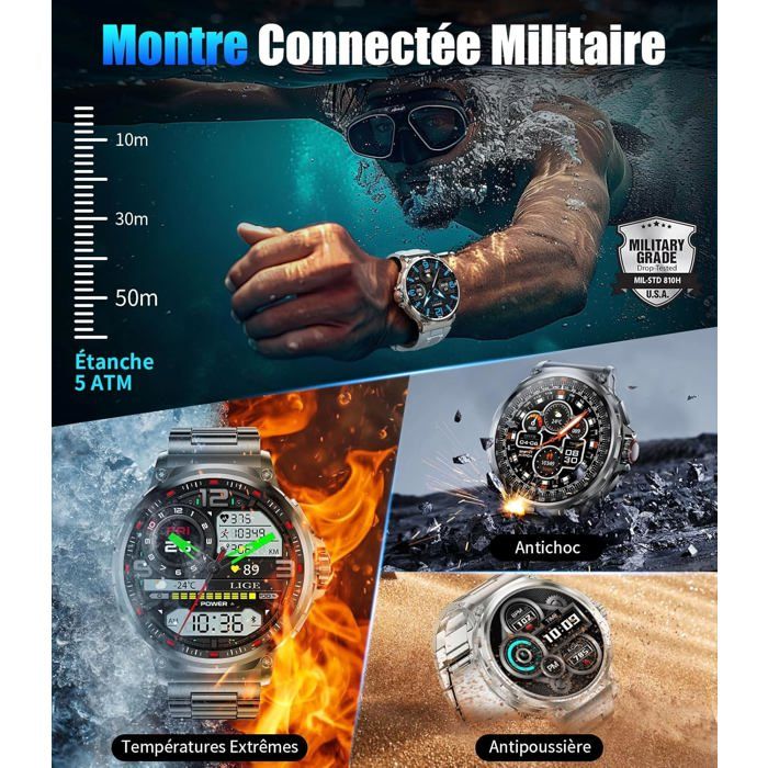 Montre Connectée BENYAR SMART 1,85" Écran HD - Batterie 1000mAh, Lampe LED, 120 Modes Sport, étanche IP68, Appels Bluetooth