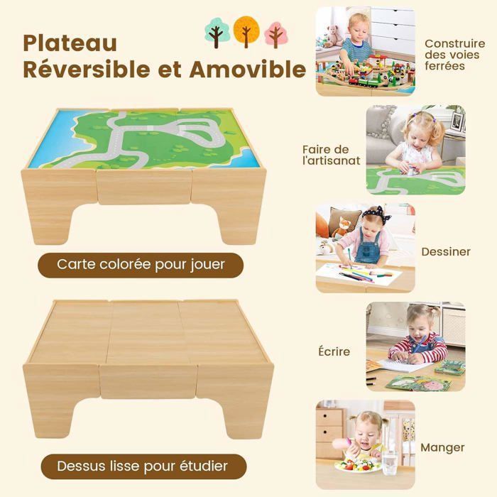 GINGER HOME Table Enfant 4 En 1 Avec 2 Chaises - Plateaux Réversibles, Tableau Noir Blocs Type Lego Design Forest