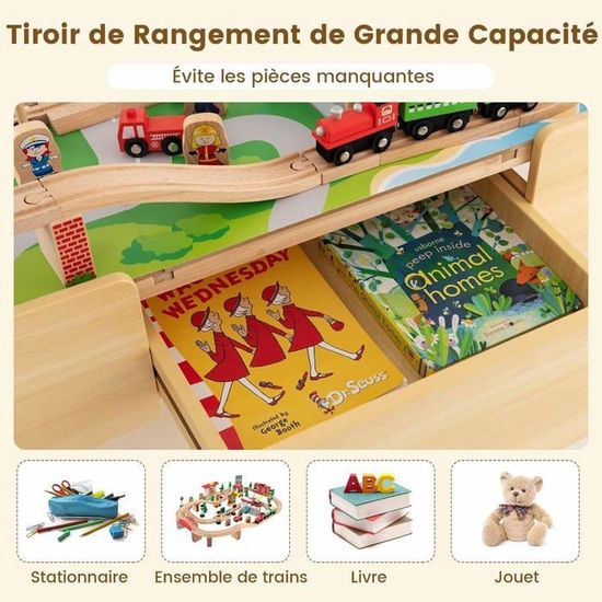 COSTWAY 2 en 1 80PCS Table Circuit de Train en Bois avec Plateau Réversible, Jeu de Train Coloré pour Enfants de 3 Ans , 82,5x60x40cm