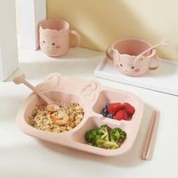 6PCS Vaisselle Assiette COUVERTS Bébé Enfants Dîner Déjeuner Repas avec Compartiments -Mouton ROSE Wir43