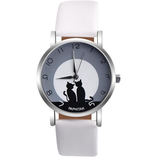 Montre Femme Chat - Cadran Blanc Analogique Quartz - Bracelet Noir Simili Cuir - Doré
