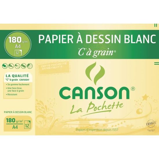 CANSON Pochette papier dessin C à grain - 21 x 29,7 cm - 180g - 12 feuilles - Blanc