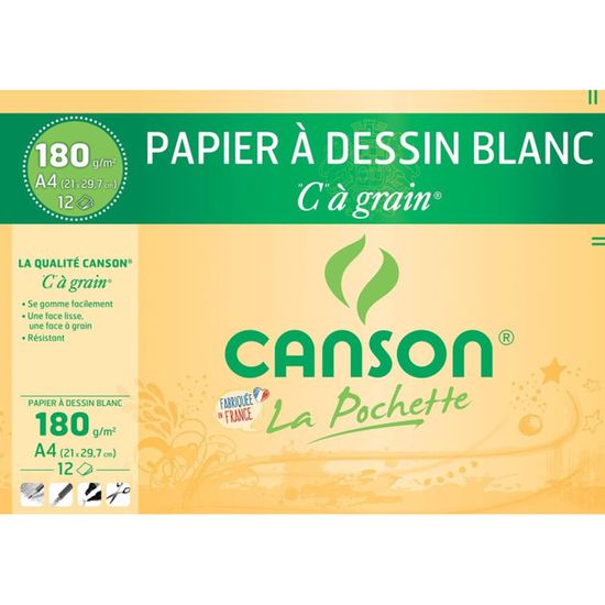 CANSON Pochette papier dessin C à grain - 21 x 29,7 cm - 180g - 12 feuilles - Blanc