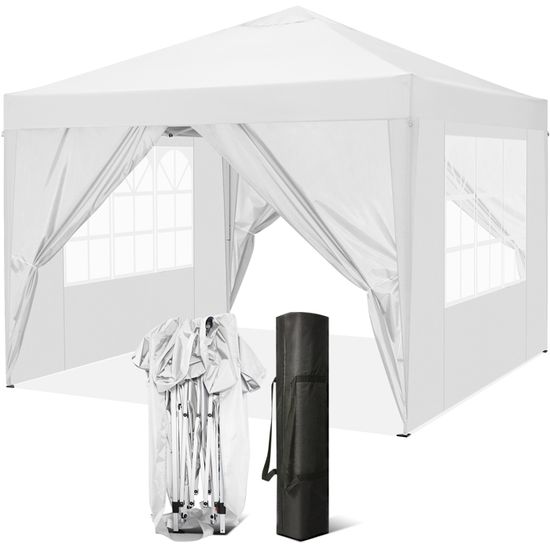Tonnelle De Jardin 3x3 M Pliante Aluminium - Toile Imperméable UV, Système Accordéon, Hauteur Réglable - Piquets Et Sac Inclus - Blanc