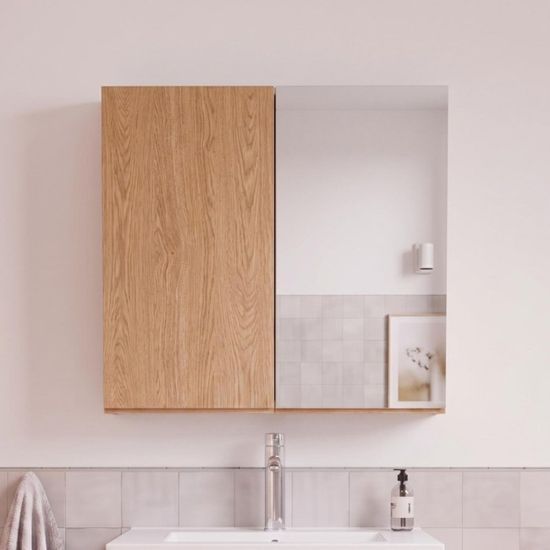 Armoire De Toilette MOB-IN 60 Cm Double Porte Avec Miroir - En Mélaminé Chêne, Profondeur 17,5 Cm - Rangement Salle De Bain Mural