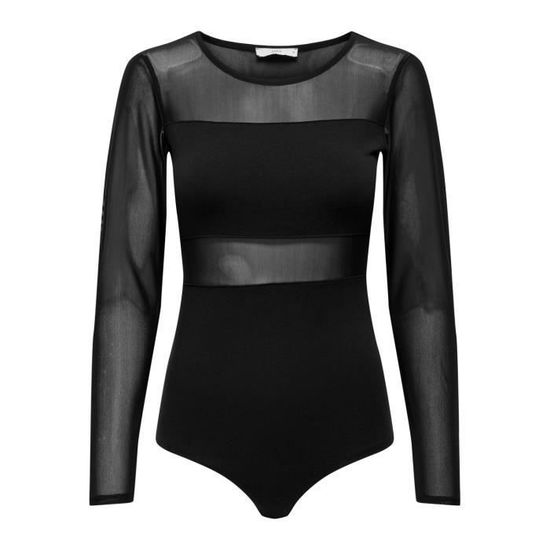 Body-string en dentelle noire à manches longues et ouvert dans le dos