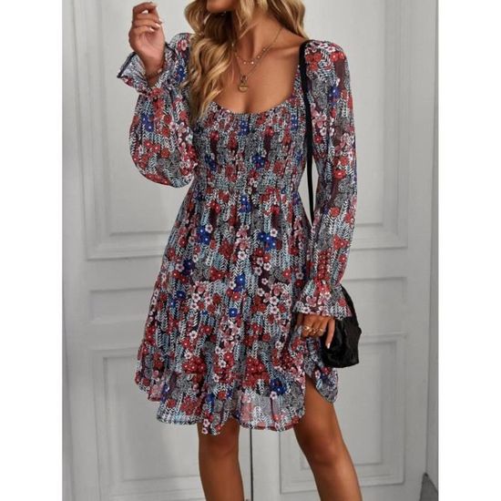 Robe Femme Chic Bohème Fleurie Été - Robe Plage Courte Taille Empire Manches Courtes Col V Fluide