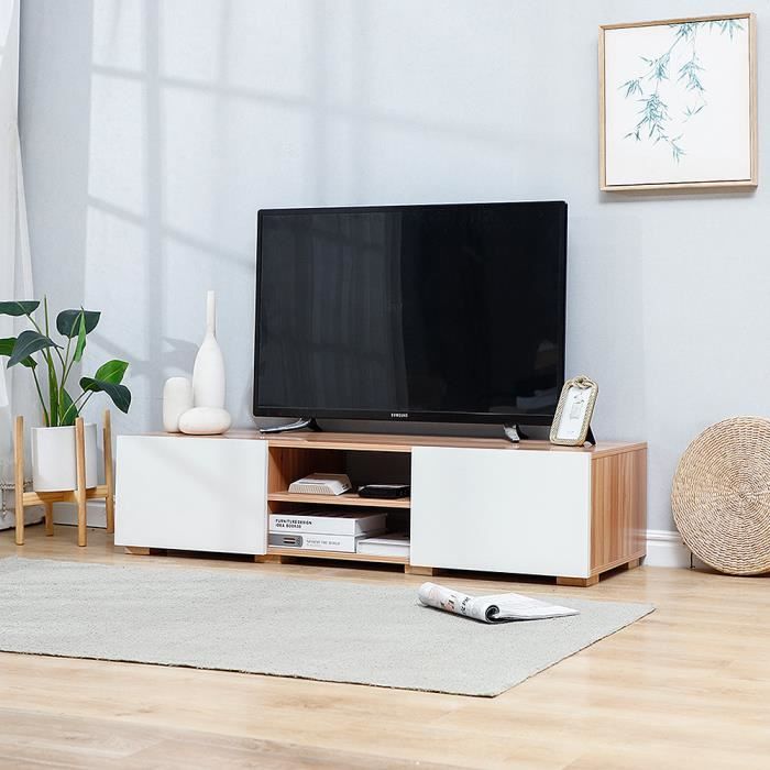 YONGSHIA Meuble TV scandinave blanc et décor chêne mat + pieds en bois massif - 140*31*42cm