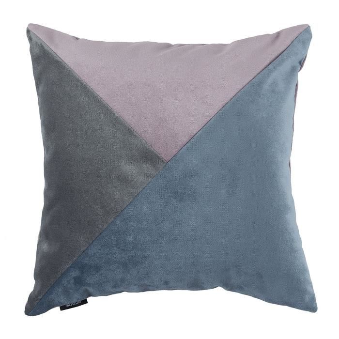 Housse de coussin McAlister patchwork velours mat doux au toucher luxe 43x43cm Bleu Pétrole - Mauve Bruyère - Gris