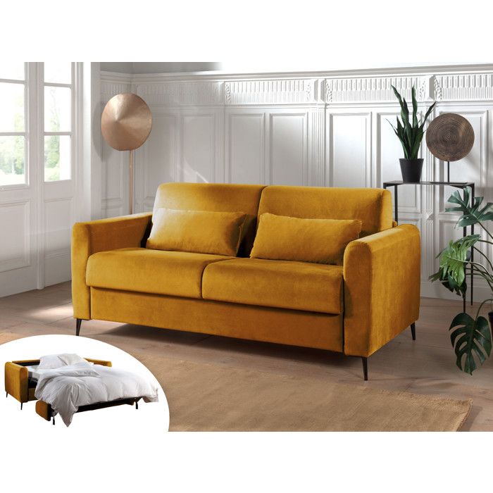 Owen - Canapé 3 places convertible - Ouverture express - Couchage quotidien - Velours Couleur - Jaune