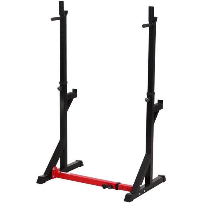 Gravity squat rack - support pour haltères longs - hauteur et longueur réglable - charge max. 150 Kg - acier renforcé rouge noir