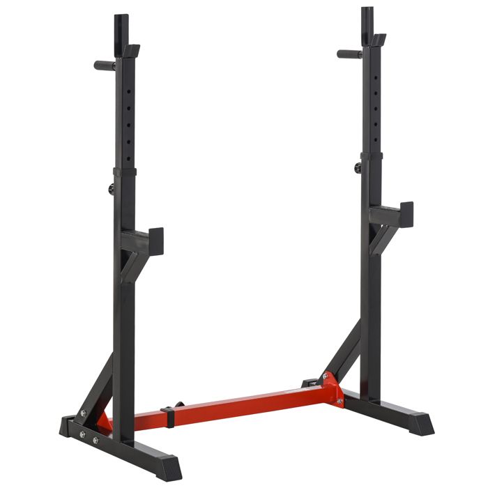 Gravity squat rack - support pour haltères longs - hauteur et longueur réglable - charge max. 150 Kg - acier renforcé rouge noir
