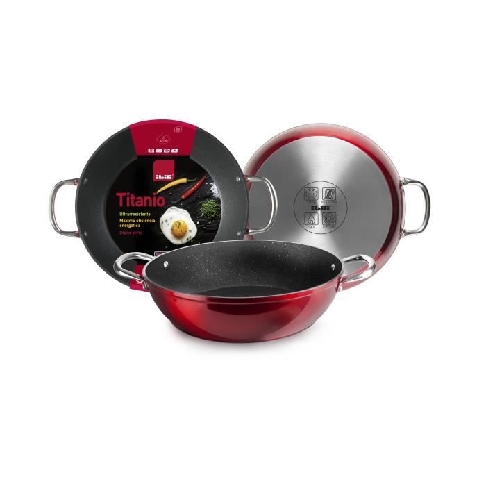 POELE PROFONDE AVEC ANSES INOX RED ROCK 32 CM - HAUTEUR 7.50 CM - 3 MM EPAISSEUR - ALUMINIUM FORGE - 3 COUCHES ANTI-ADHERENT RENF...
