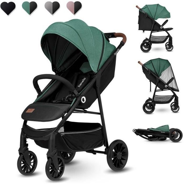 LIONELO Zoey Poussette Buggy jusqu'à 15 kg Capote XXL avec protection solaire Position allongée Moustiquaire pliable, Vert