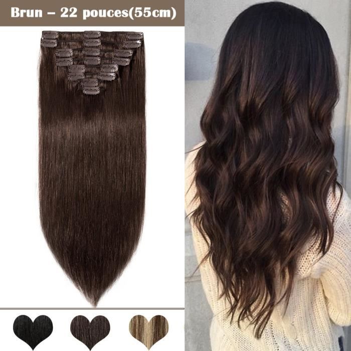 8 Bandes Extensions a Clips Cheveux Naturels Epaisseur Moyenne - Brun(22 pouces-55cm) - 100% Remy Human Hair