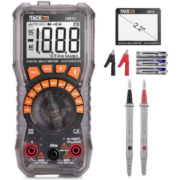 Multimètre, Testeur Numerique, Détecter Sans Contact NCV, équipé Lampe Torche,Tournevis et 2 Pince Crocodile, Testeur de Pile DM10