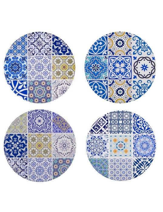dessous de plat rond en céramique set de 4 design carreau de ciment vintage rétro bleu azulejos