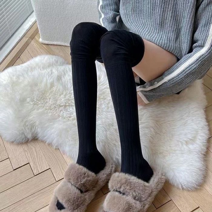 2 Paires De Chaussettes Hautes Montantes Pour Femme - Mi-Cuisse Genou - Coton/Laine - Taille Unique Élastique (Noir + Gris Foncé)