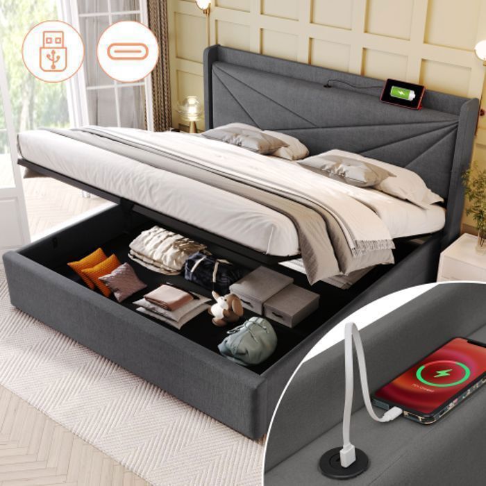 Lit 140x200 cm Lit coffre - SWEIKO - Lit de rangement Tête de lit avec fonction de chargement USB Cadre de lit en - lin - Gris Lit 140x200 cm Lit coffre - SWEIKO - Lit de rangement Tête de lit avec fonction de chargement USB Cadre de lit en - lin - Gris