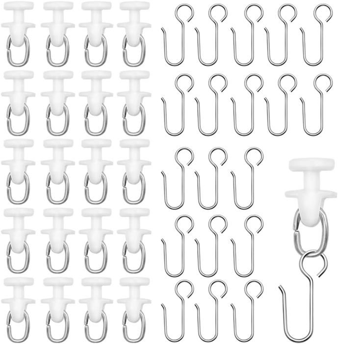 Lot De 200 Crochets à Rideaux + 12 Stoppeurs - Pour Rails Standard Tête 11 Mm - Plastique Blanc, Glissement Silencieux