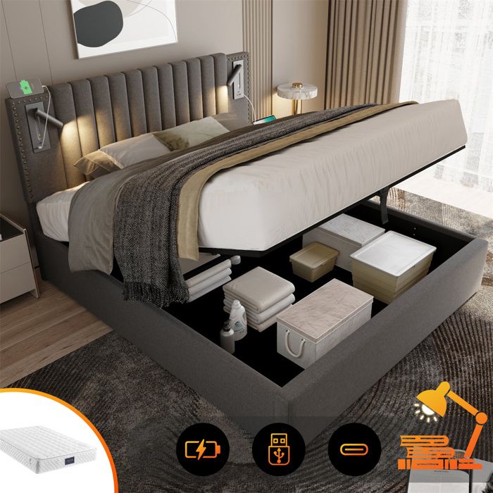 Lit 140x200 avec Sommier et Matelas - Lit Coffre de Rangement pour 2 Personnes - Lampe de Lecture - Coton - Gris