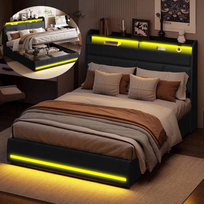 Lit double 160x200 cm avec éclairage LED Lit rembourré avec rangement hydraulique 2 personnes sommier à lattes en bois Noir