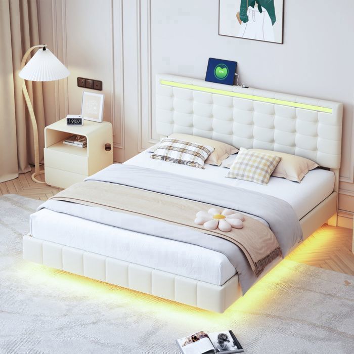 Lit 160x200 cm - Lin - LED intégrée - Sommier à lattes inclus - Style scandinave