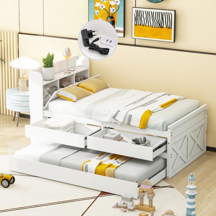 Lit simple 90 x 190 cm avec tiroir et prise USB Lit gigogne Lit enfant Tete de lit avec rangements Lit 1 Personne Blanc Pin