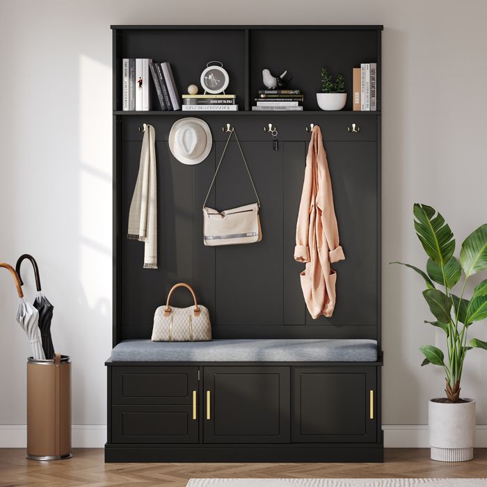 Meuble entree avec banc et Meuble a chaussures Vestiaire dentrée avec 6 crochets triples Noir 120x40x191 cm