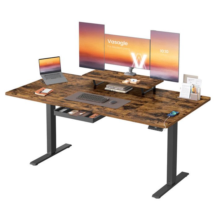 Bureau Électrique Réglable - VASAGLE - 160x80cm - Tiroir Flexible - Port USB-C - Marron Rustique